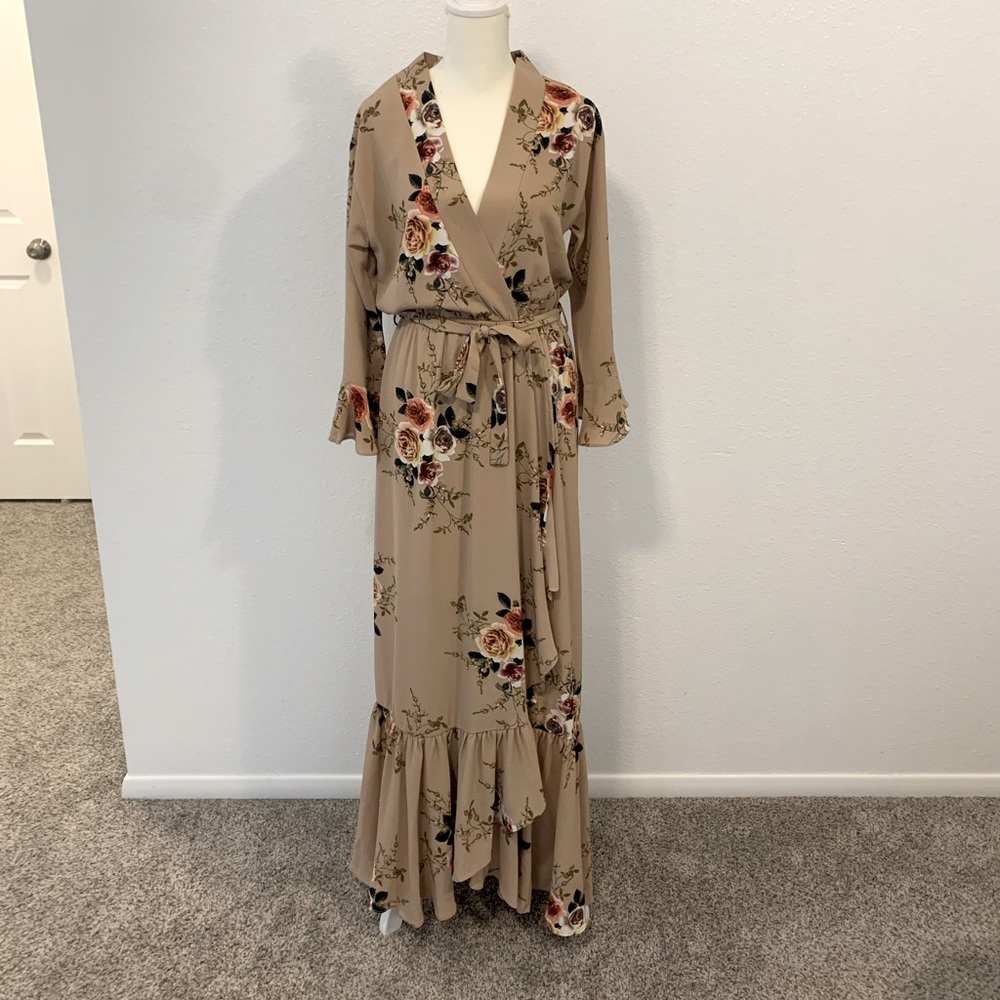 Tan Floral Party Maxi Dress